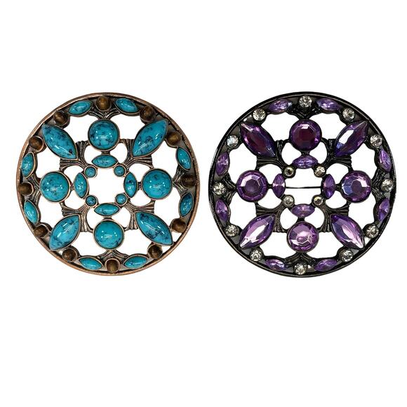 VTG Lot 2 Large 3" Scarf Top Medallion Brooches Pins Turquoise Purple Rhinestone - Picture 1 of 4